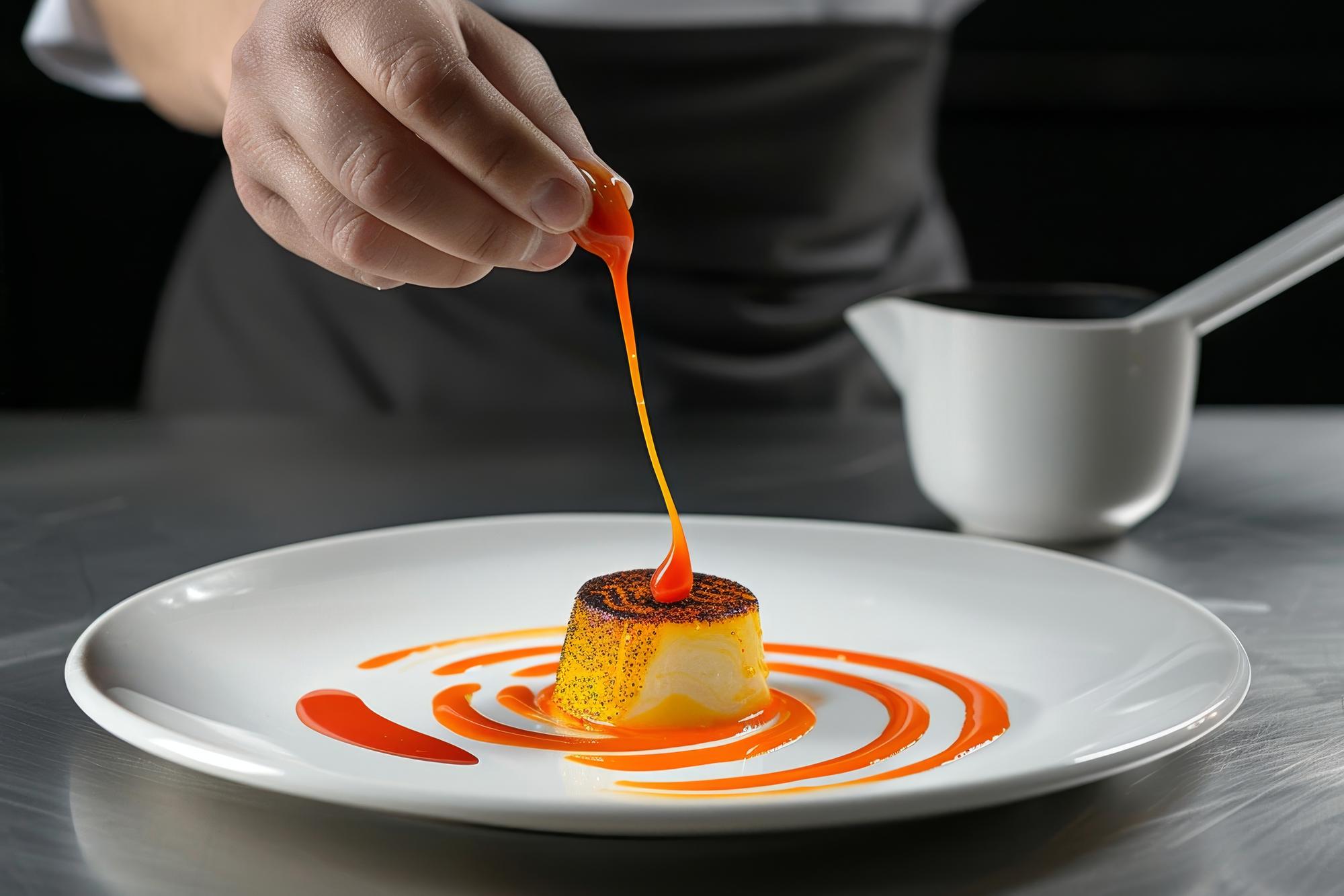 Composizione moderna di piatto con salse artistiche